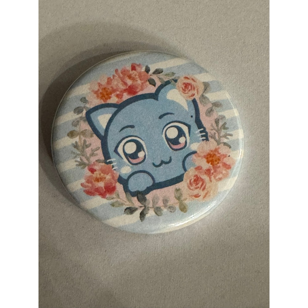 Kawaii Blue Anime Cat Floral Wreath Pinback Button 1.25 Inch Round Pin